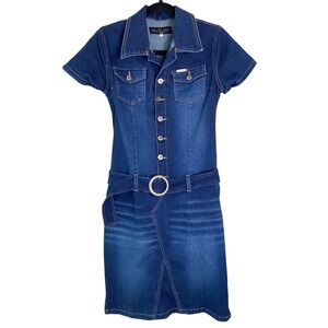 Baby‎ Phat Y2K Denim Mini Dress M Blue Jean Belted Embroidered Cat Fitted Rare